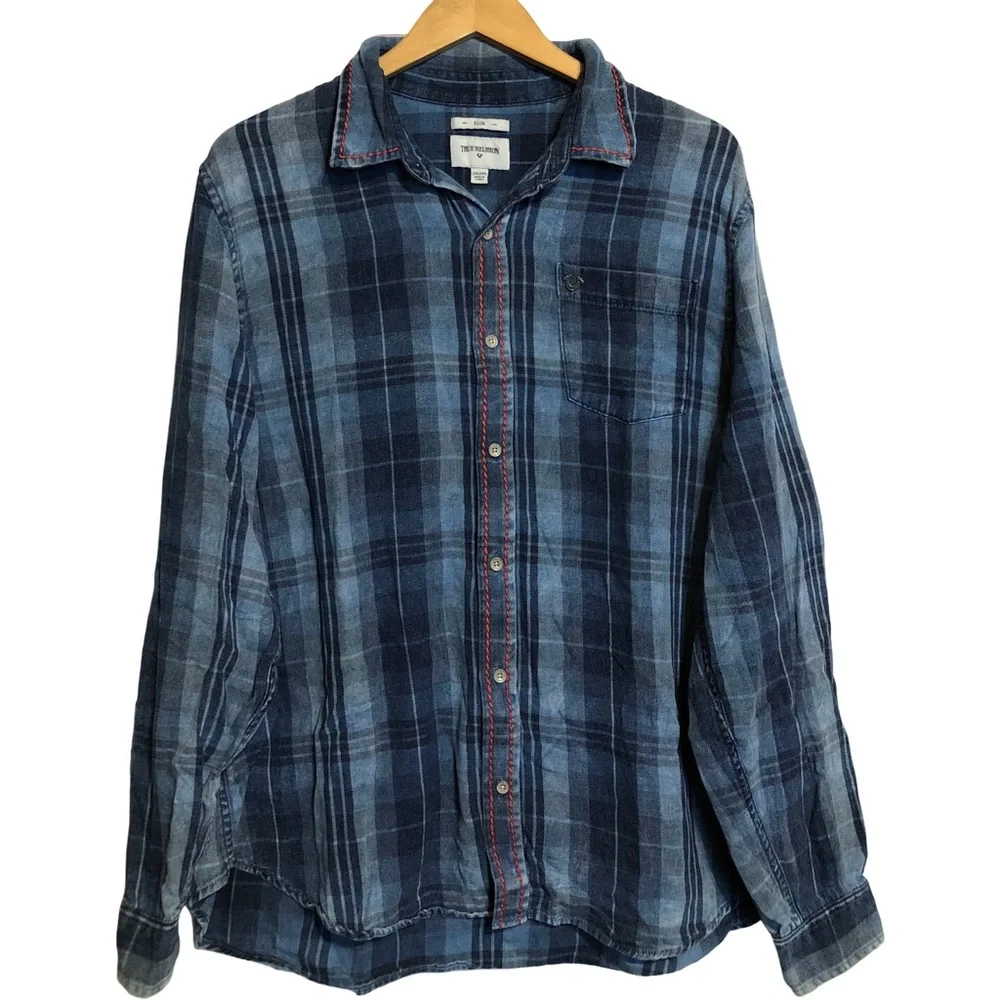 True Religion Men's Blue Slim Flannel Western Button Front Long Sleeve Shirt 2XL - Picture 12 of 12